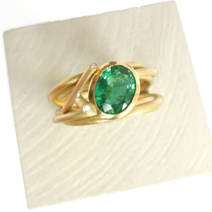 Contemporary modern unique 18ct gold diamond emerald ring contemporary Sue Lane