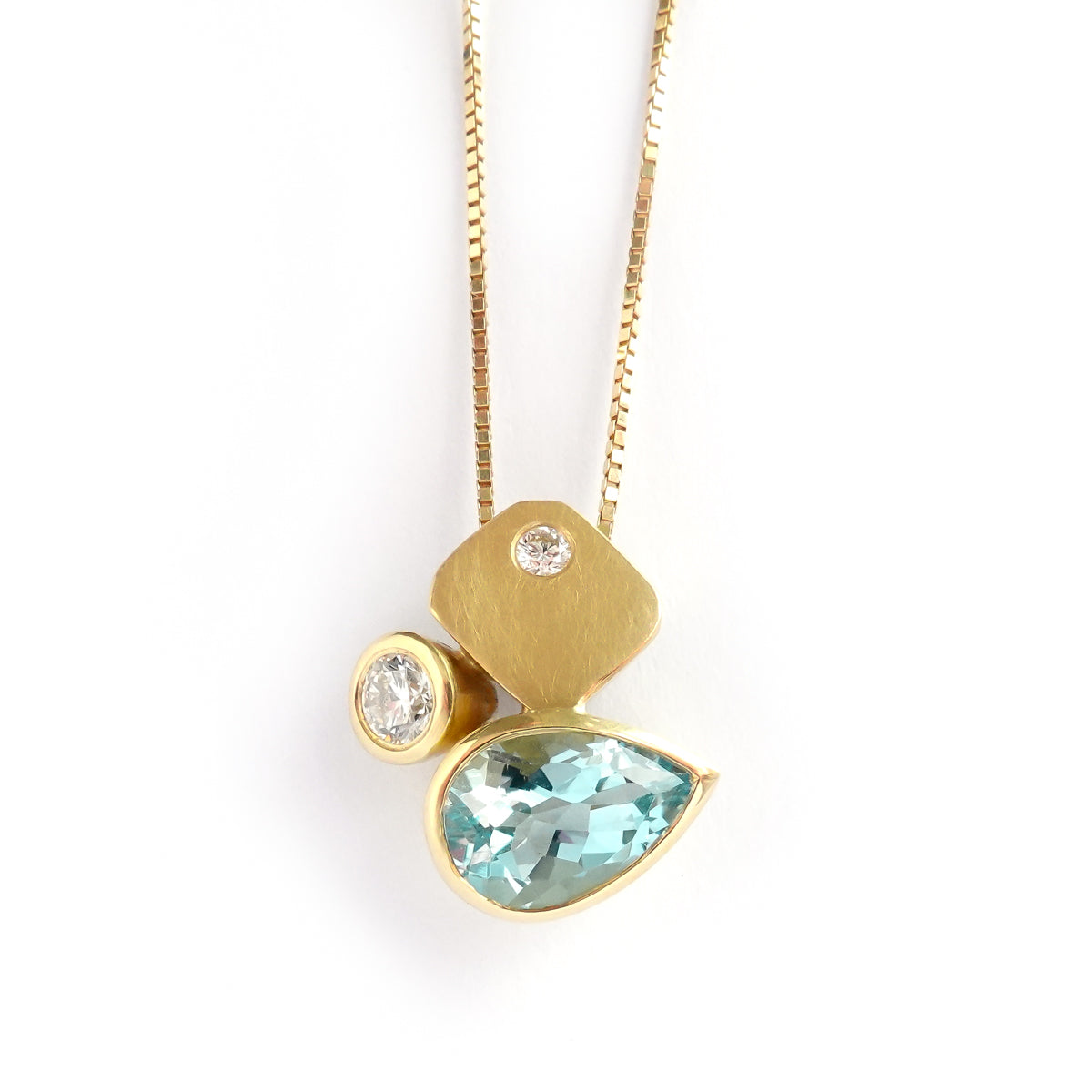 Contemporary modern unique 18ct gold diamond necklace aquamarine handmade by sue lane