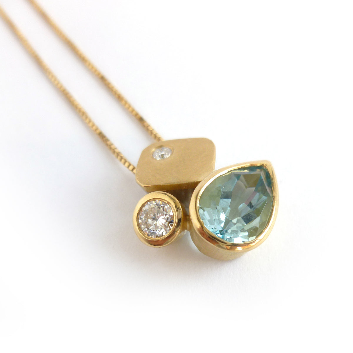 Contemporary modern unique 18ct gold diamond necklace aquamarine handmade by sue lane