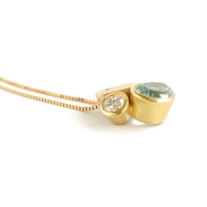 Contemporary modern unique 18ct gold diamond necklace aquamarine handmade by sue lane