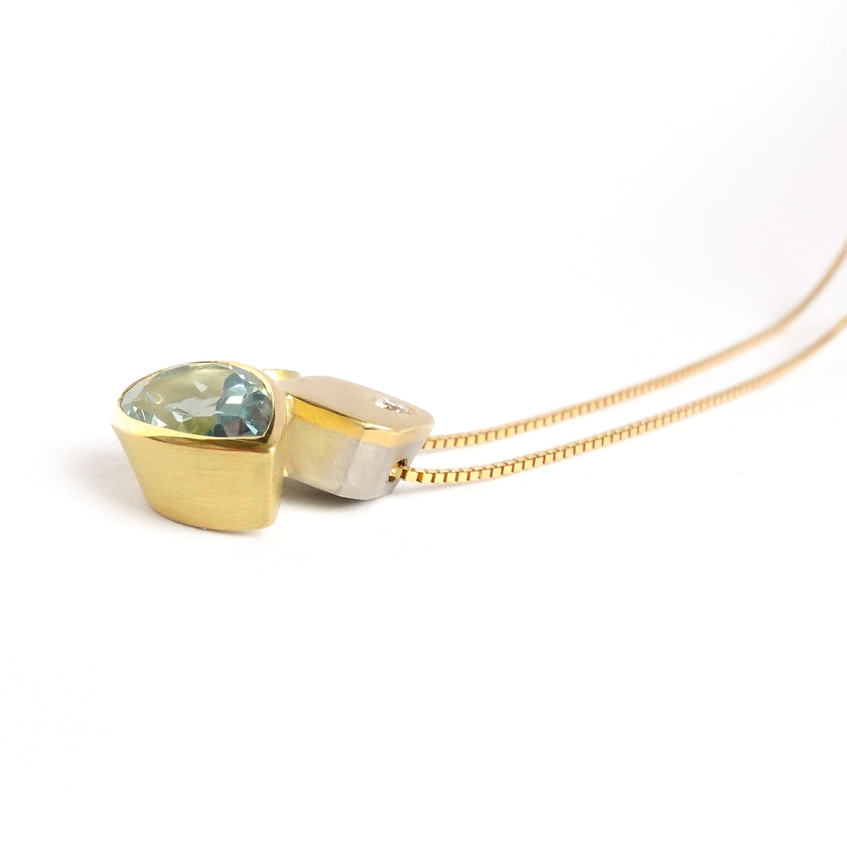 Contemporary modern unique 18ct gold diamond necklace aquamarine handmade by sue lane