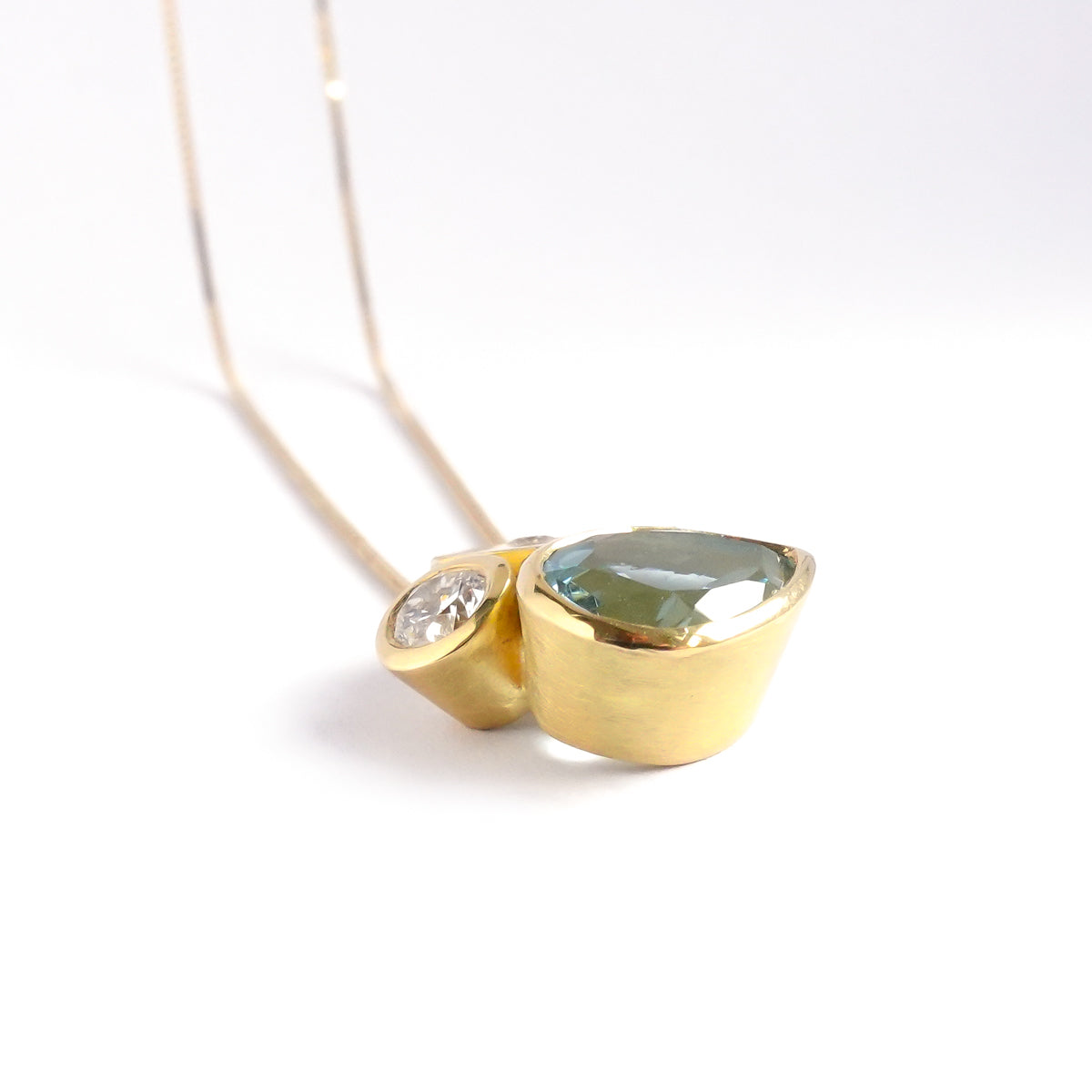 Contemporary modern unique 18ct gold diamond necklace aquamarine handmade by sue lane