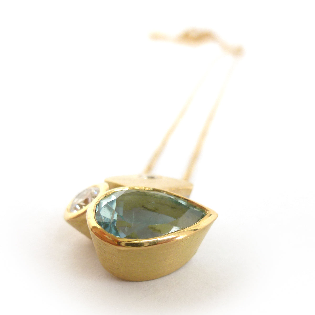 Contemporary modern unique 18ct gold diamond necklace aquamarine handmade by sue lane