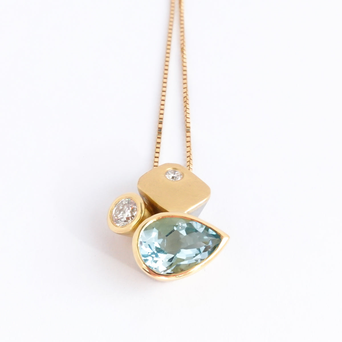 Contemporary modern unique 18ct gold diamond necklace aquamarine handmade by sue lane