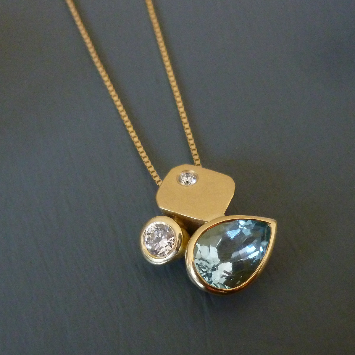 Contemporary modern unique 18ct gold diamond necklace aquamarine handmade by sue lane