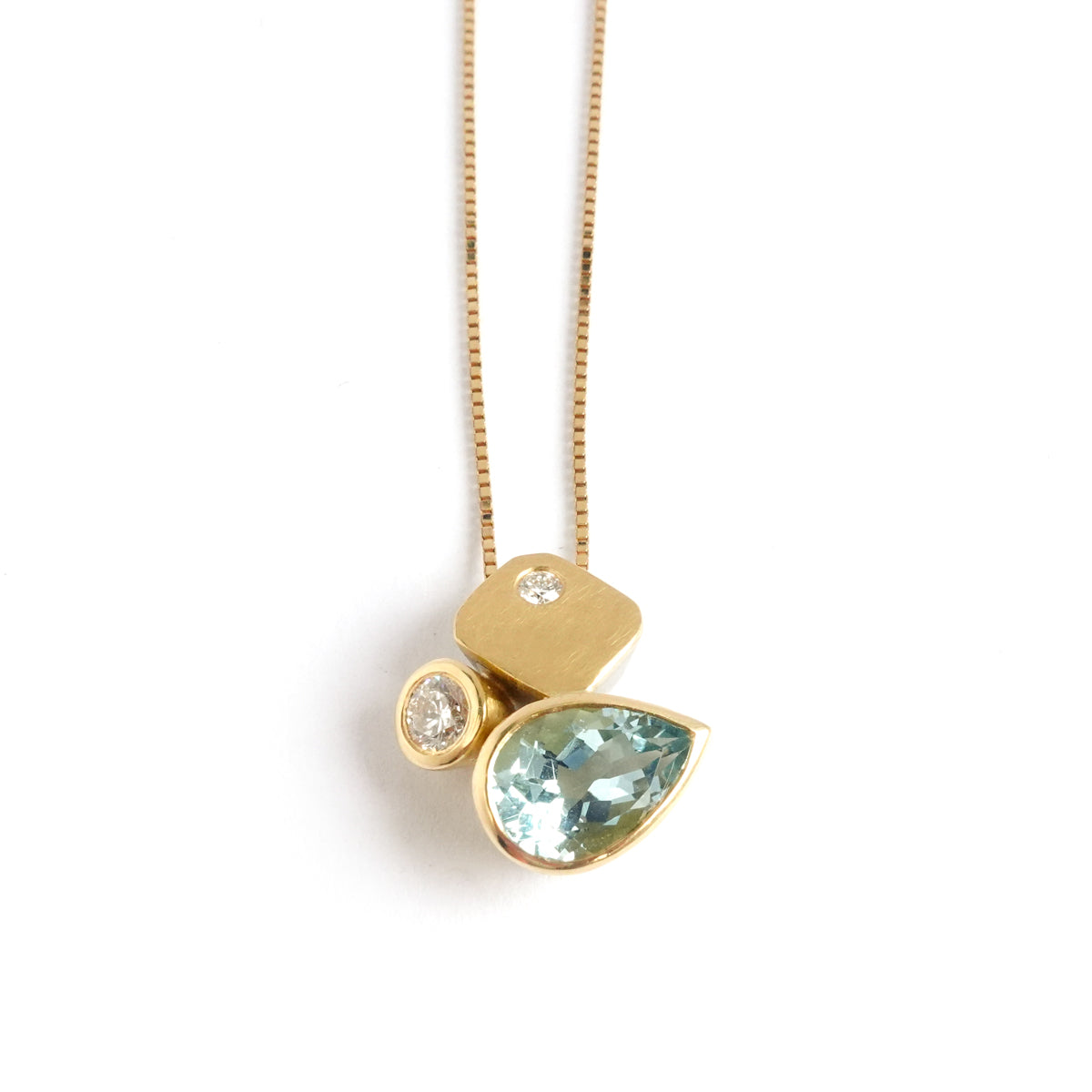 Contemporary modern unique 18ct gold diamond necklace aquamarine handmade by sue lane