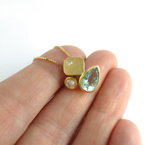 Contemporary modern unique 18ct gold diamond necklace aquamarine handmade by sue lane