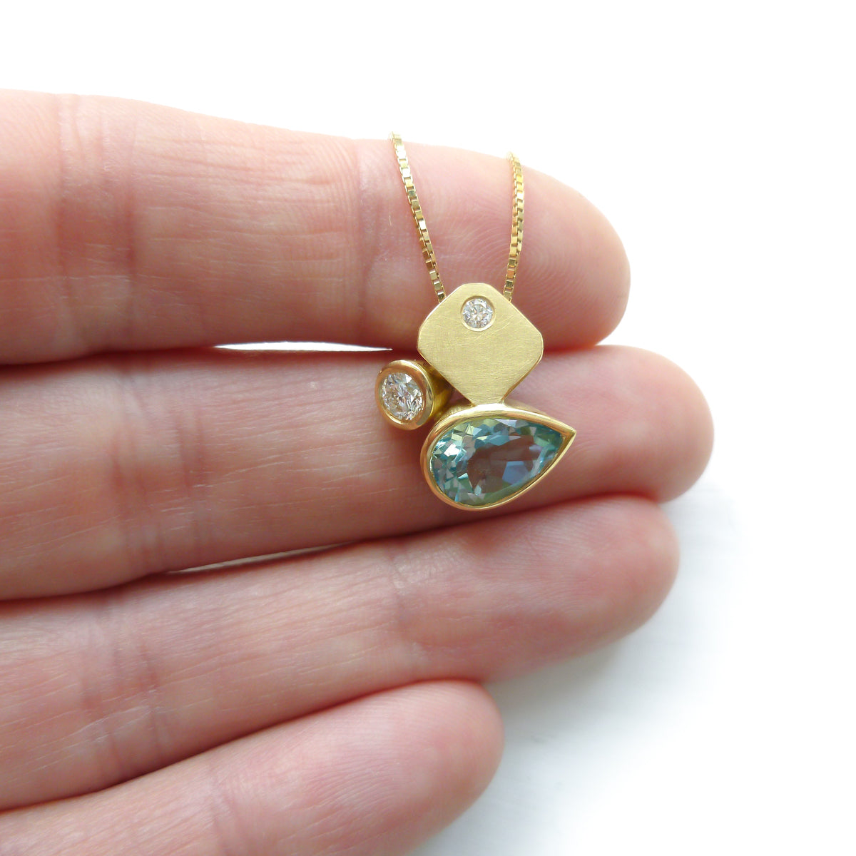 Contemporary modern unique 18ct gold diamond necklace aquamarine handmade by sue lane