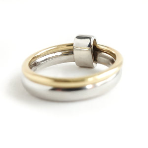 Contemporary platinum and 18ct yellow gold two band ring with diamonds