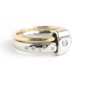 Contemporary platinum and 18ct yellow gold two band ring with diamonds