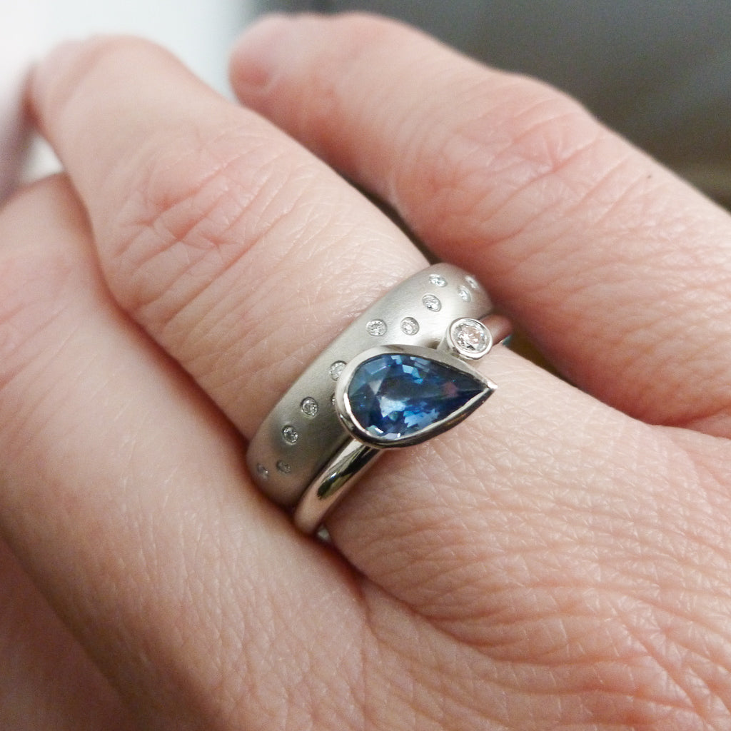 Contemporary modern unique platinum ring blue sapphire Sue Lane Hereford, Herefordshire.
