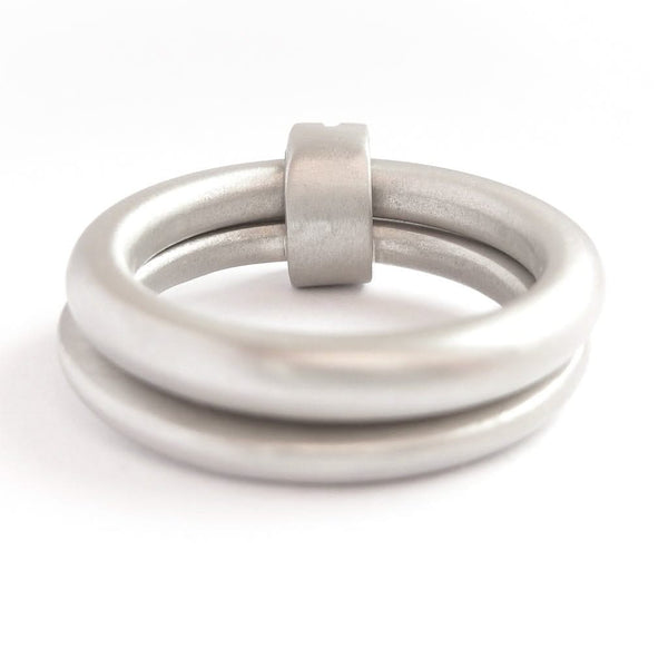 Platinum two band ring with pave set diamonds. Contemporary. By Sue Lane. Multi band ring or interlocking ring, sometimes called double band ring too.