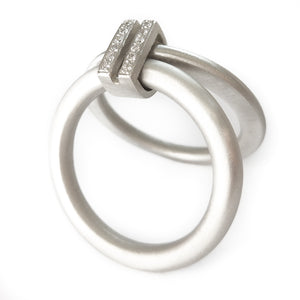 Platinum two band ring with pave set diamonds. Contemporary. By Sue Lane. Multi band ring or interlocking ring, sometimes called double band ring too.