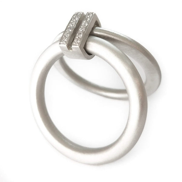 Platinum two band ring with pave set diamonds. Contemporary. By Sue Lane. Multi band ring or interlocking ring, sometimes called double band ring too.