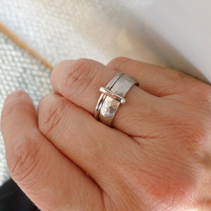 Contemporary unique and bespoke two band platinum ring with a loop. Multi band ring or interlocking ring, sometimes called double band ring too.