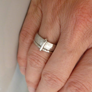 Contemporary unique and bespoke two band platinum ring with a loop. Multi band ring or interlocking ring, sometimes called double band ring too.