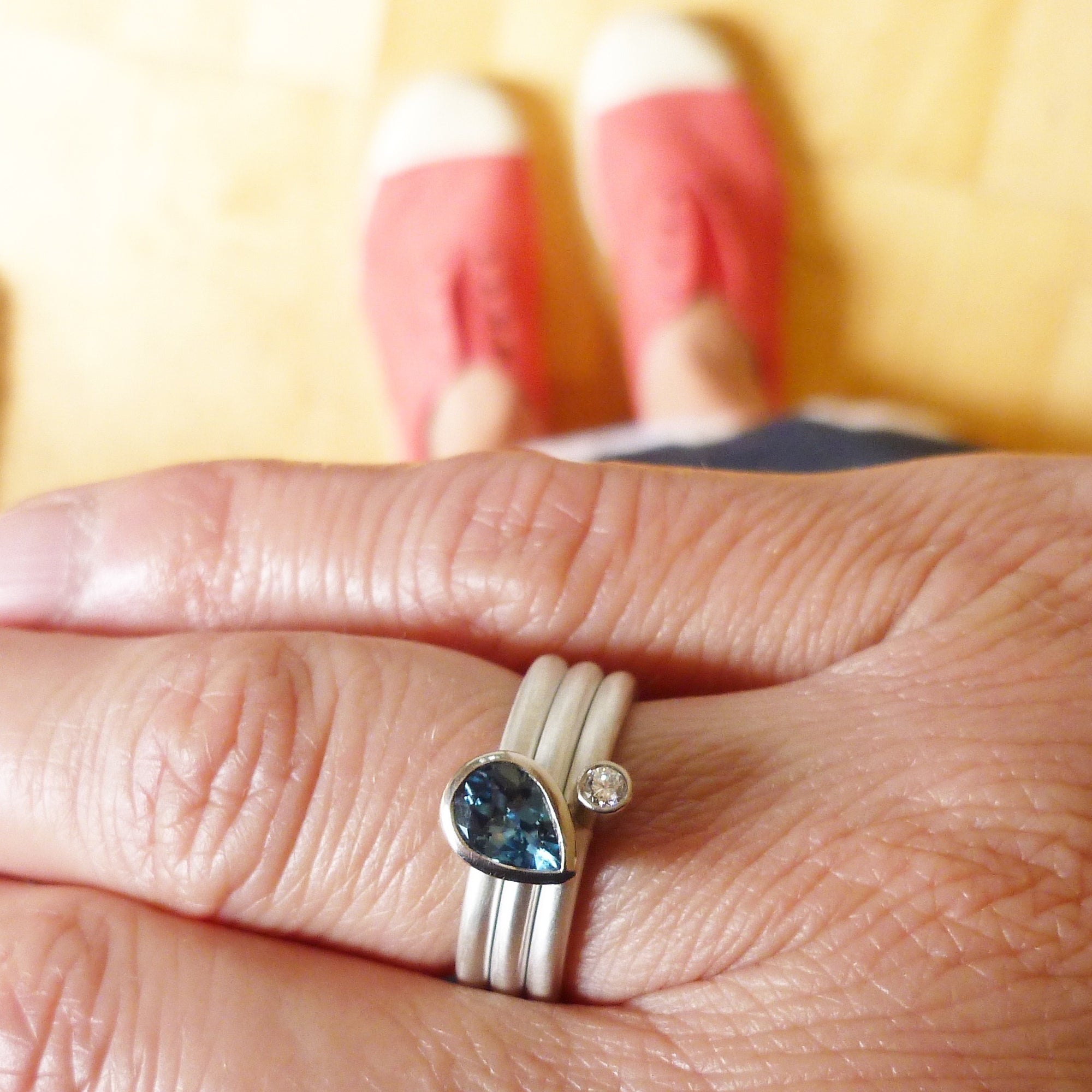 Handmade, contemporary, unique, bespoke and modern aquamarine and diamond stacking  engagement ring dress ring 