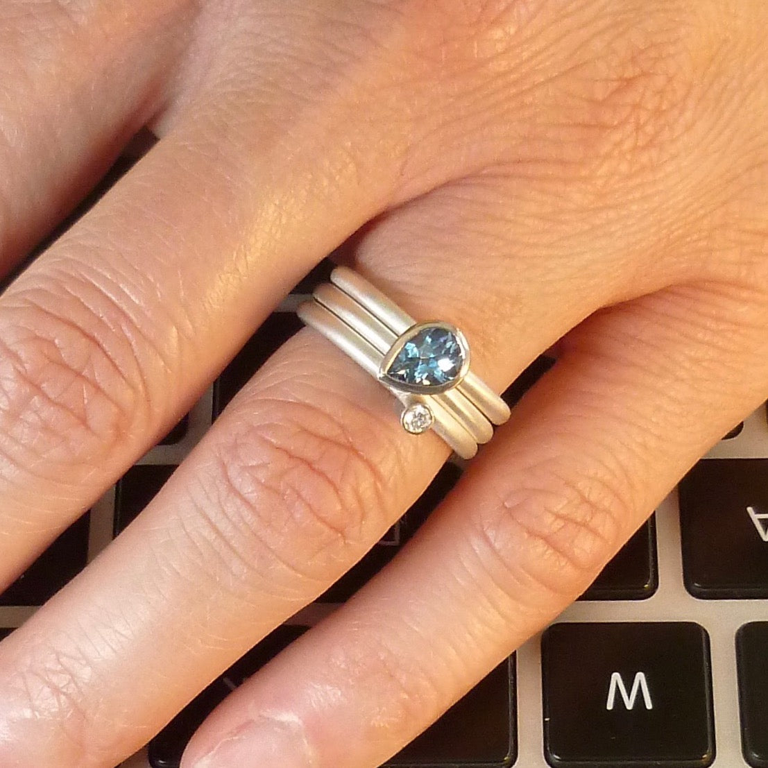 Handmade, contemporary, unique, bespoke and modern aquamarine and diamond stacking engagement ring dress ring 