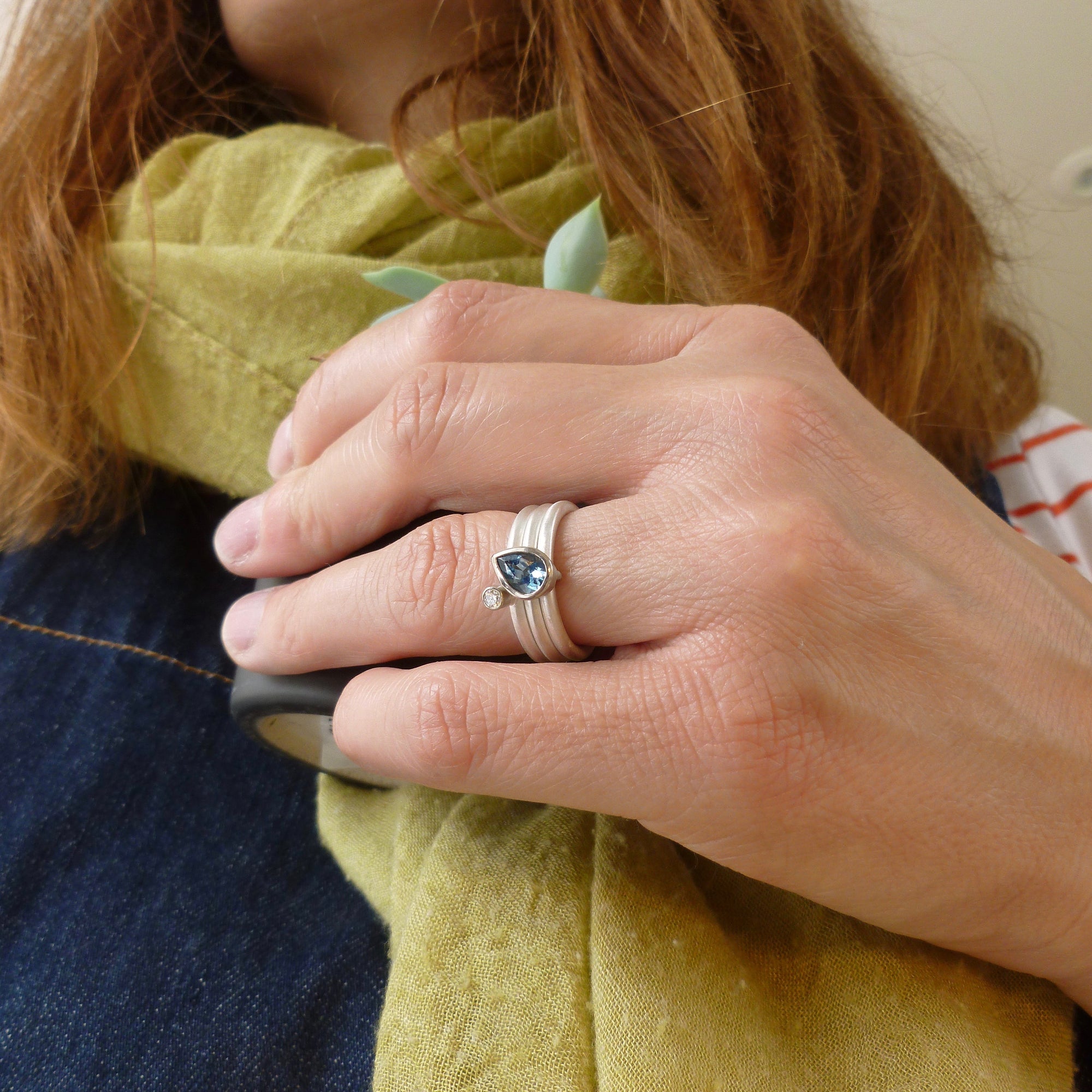 Contemporary, unique, bespoke, handmade and modern aquamarine and diamond engagement ring 