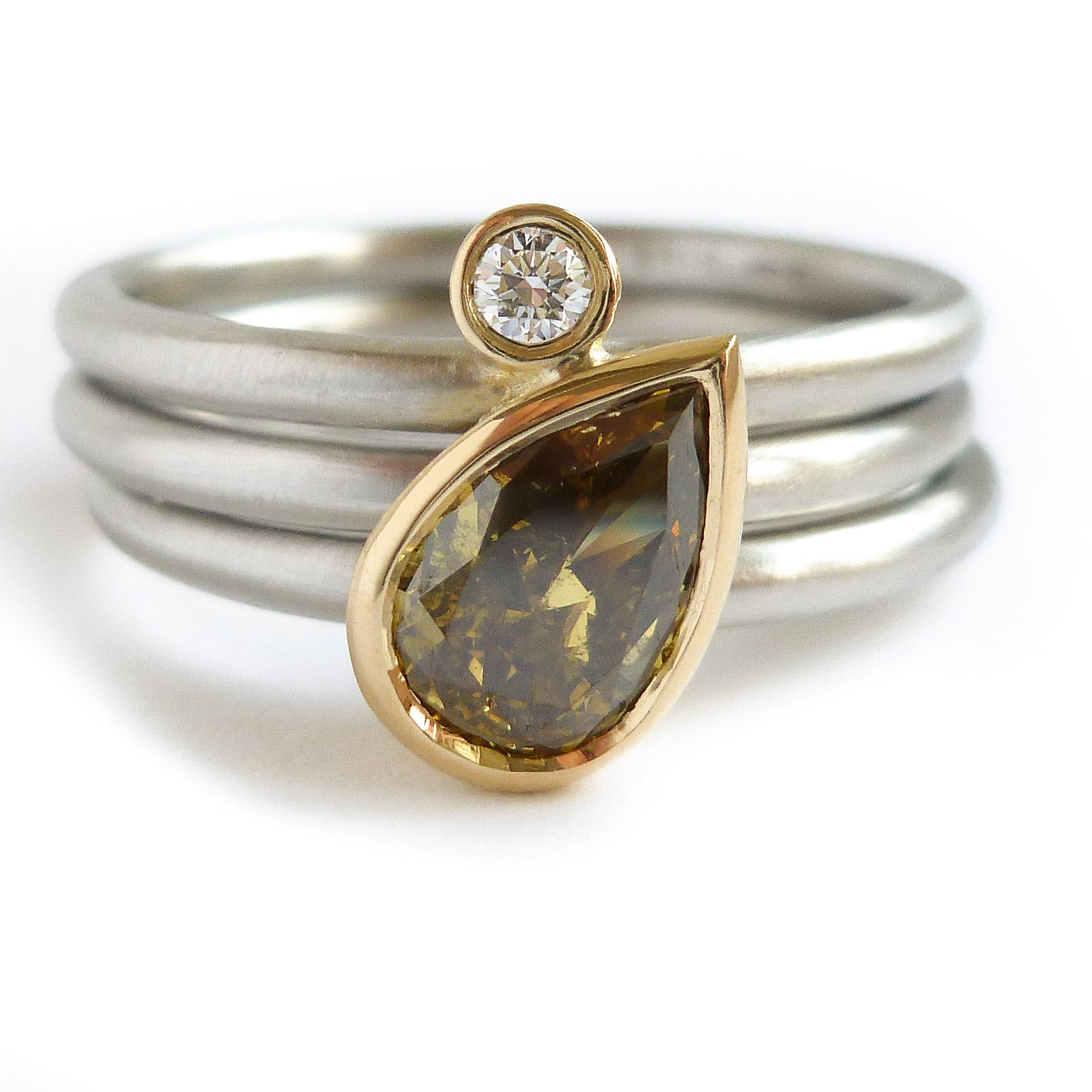 Platinum, 18ct Gold, Champagne And White Diamond Ring. Contemporary, Bespoke, Sue Lane. Multi band ring or interlocking ring, sometimes called triple band rings too.