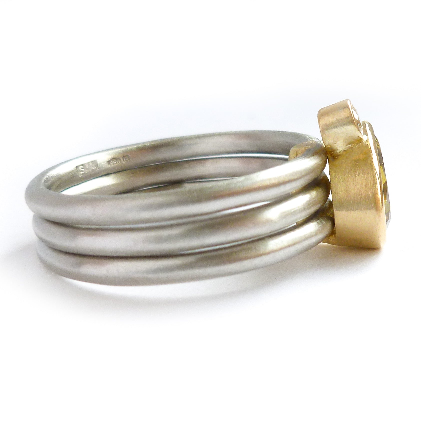 Platinum, 18ct Gold, Champagne And White Diamond Ring. Contemporary, Bespoke, Sue Lane. Multi band ring or interlocking ring, sometimes called triple band rings too.