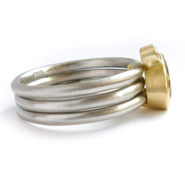 Platinum, 18ct Gold, Champagne And White Diamond Ring. Contemporary, Bespoke, Sue Lane. Multi band ring or interlocking ring, sometimes called triple band rings too.