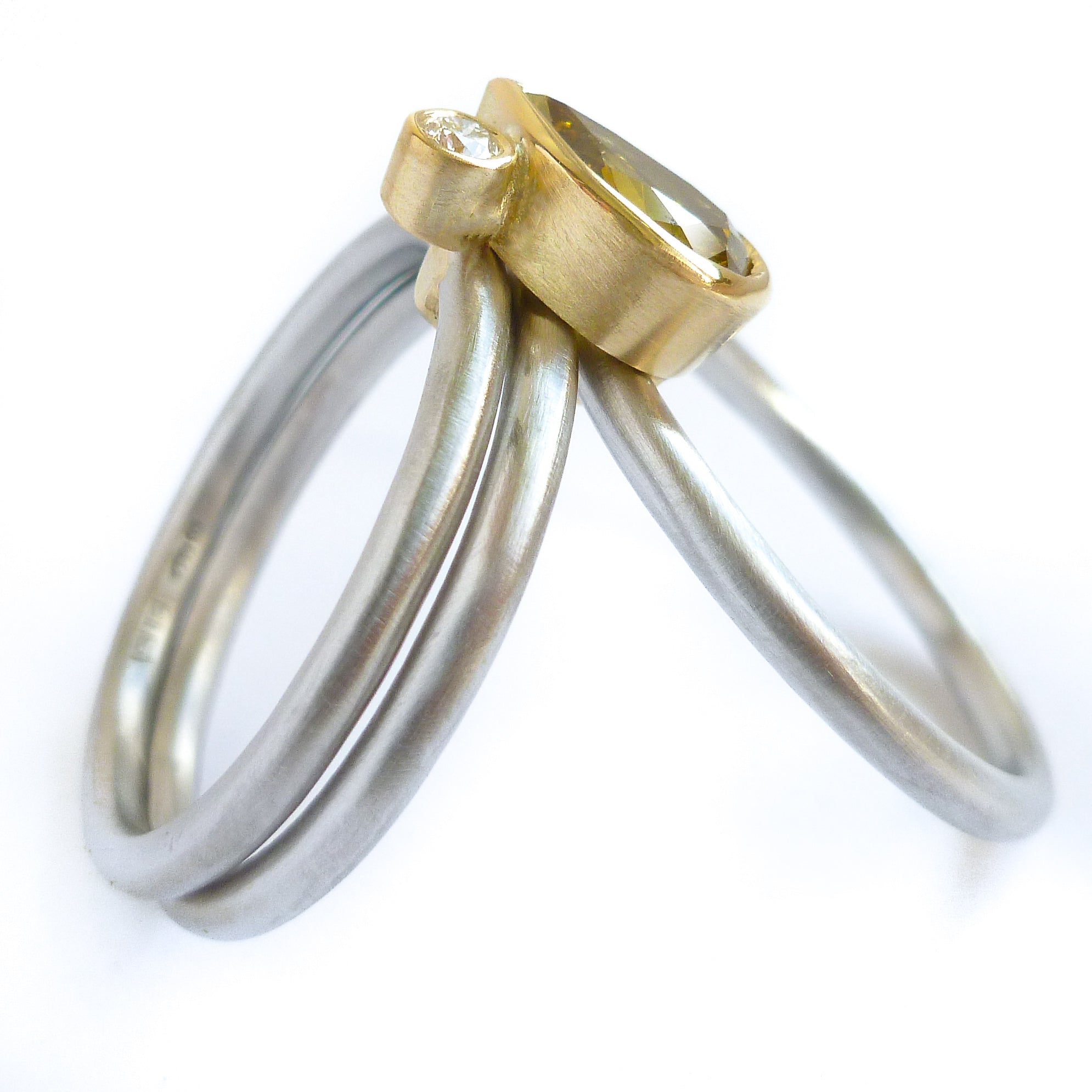 Platinum, 18ct Gold, Champagne And White Diamond Ring. Contemporary, Bespoke, Sue Lane. Multi band ring or interlocking ring, sometimes called triple band rings too.