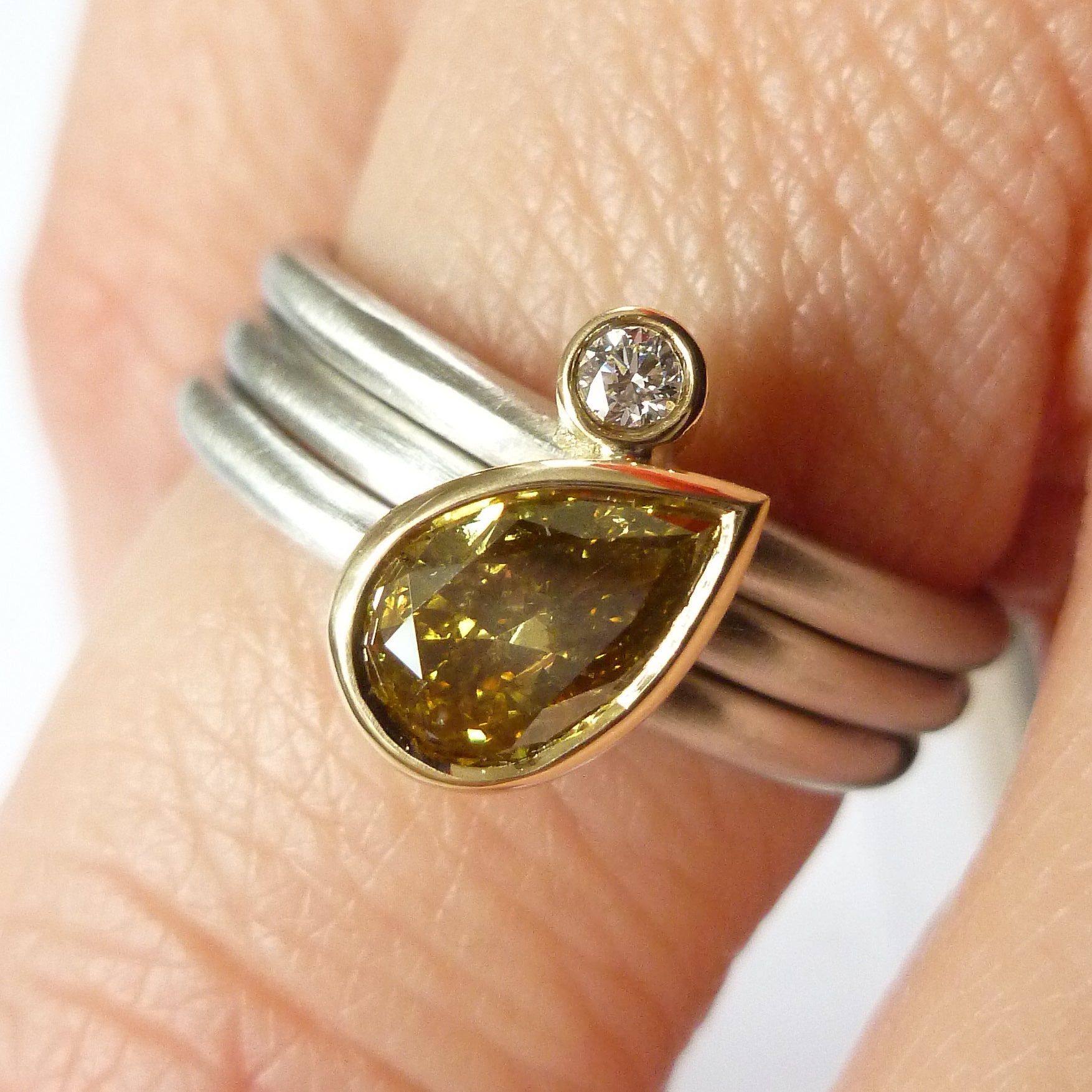 Platinum, 18ct Gold, Champagne And White Diamond Ring. Contemporary, Bespoke, Sue Lane. Multi band ring or interlocking ring, sometimes called triple band rings too.