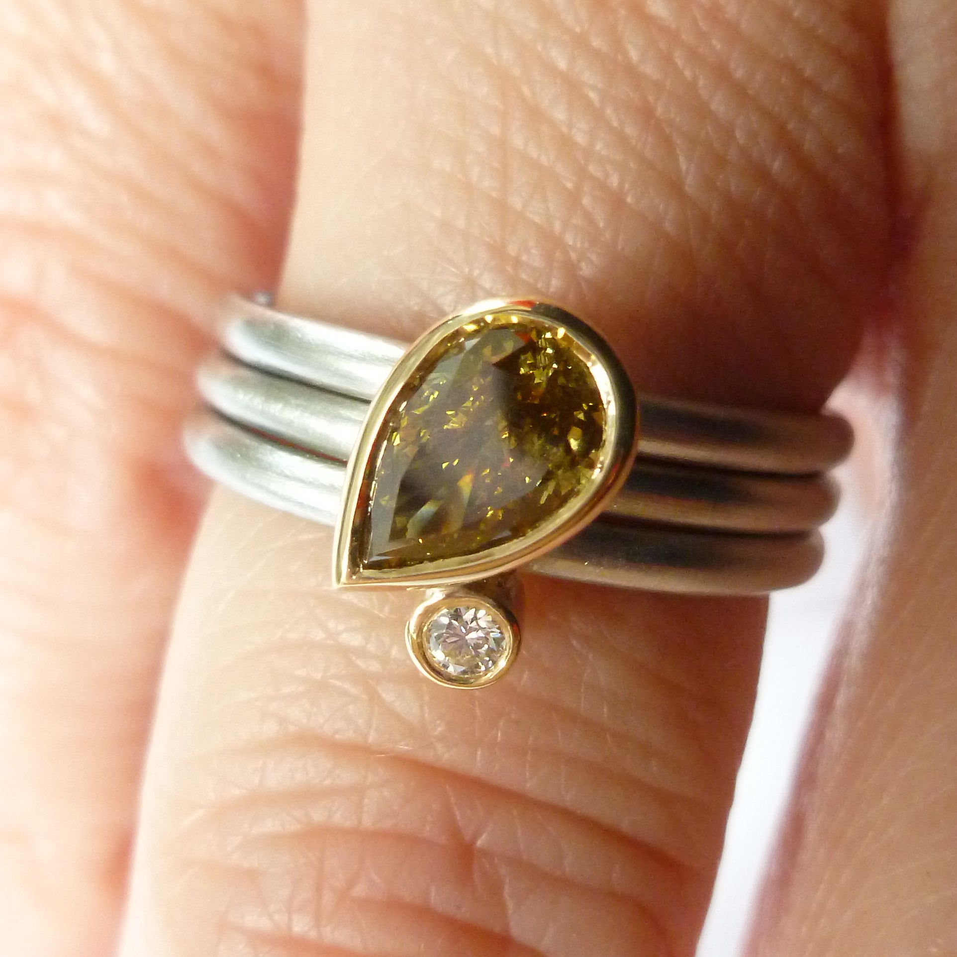 Platinum, 18ct Gold, Champagne And White Diamond Ring. Contemporary, Bespoke, Sue Lane. Multi band ring or interlocking ring, sometimes called triple band rings too.