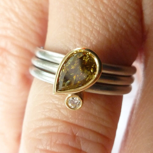 Platinum, 18ct Gold, Champagne And White Diamond Ring. Contemporary, Bespoke, Sue Lane. Multi band ring or interlocking ring, sometimes called triple band rings too.