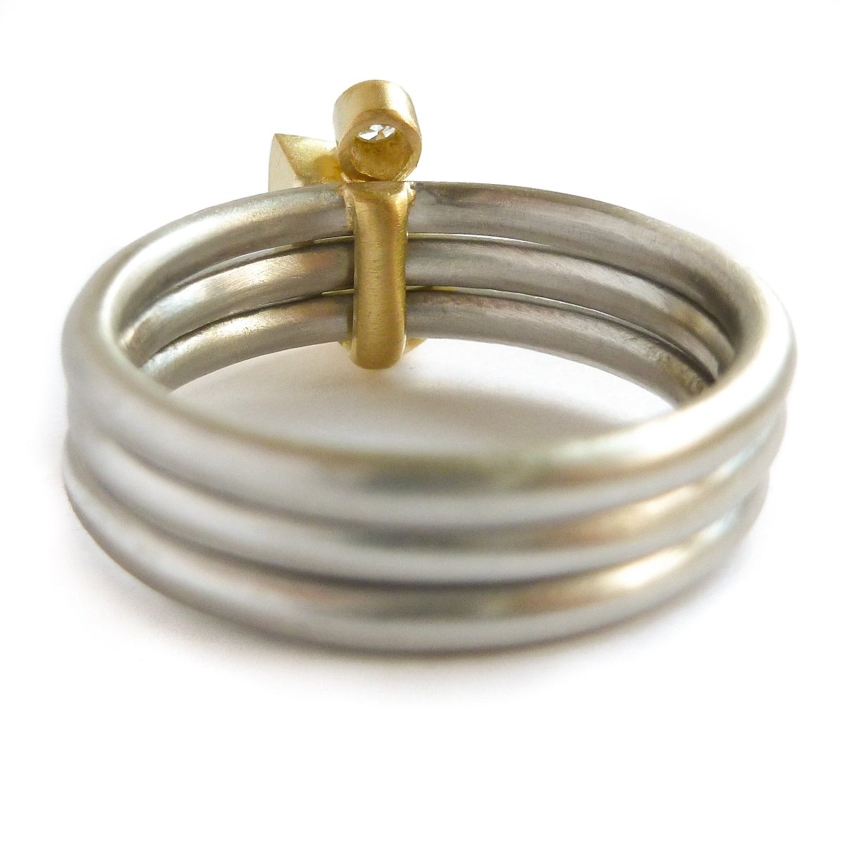 Platinum, 18ct Gold, Champagne And White Diamond Ring. Contemporary, Bespoke, Sue Lane. Multi band ring or interlocking ring, sometimes called triple band rings too.