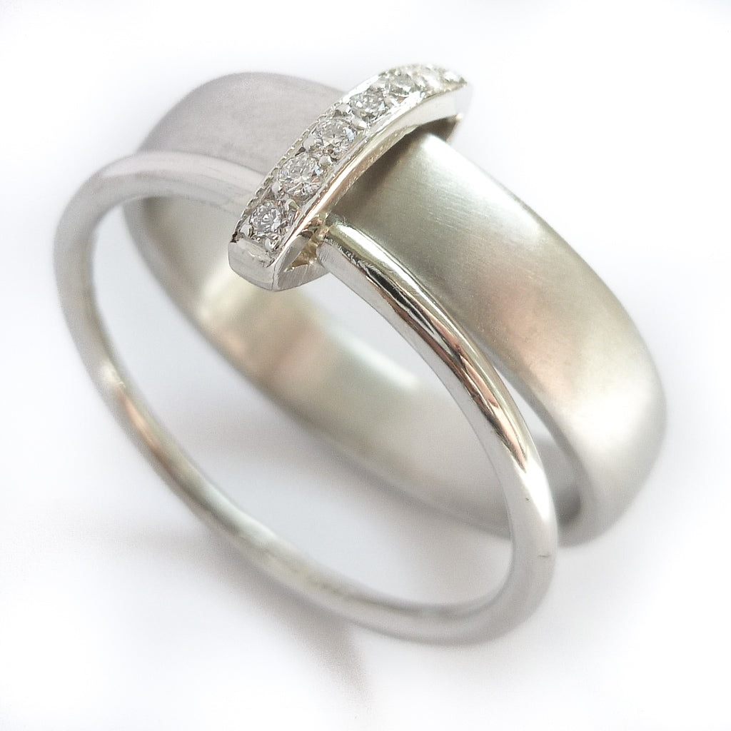 Platinum and Pave Set Diamond Two Band Ring Contemporary Commission. Multi band ring or interlocking ring, sometimes called double band ring too.