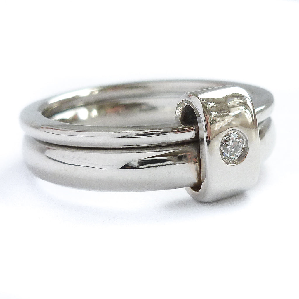 Platinum and diamond two band ring - modern, unique, contemporary by Sue Lane. Multi band ring or interlocking ring, sometimes called double band ring too.