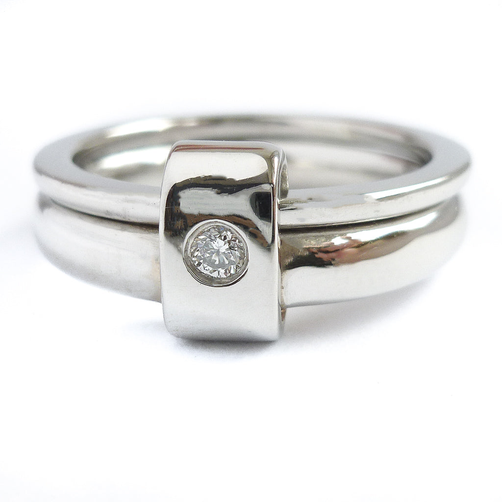 Platinum and diamond two band ring - modern, unique, contemporary by Sue Lane. Multi band ring or interlocking ring, sometimes called double band ring too.