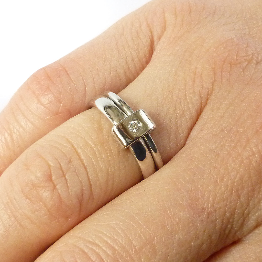 Platinum and diamond two band ring - modern, unique, contemporary by Sue Lane. Multi band ring or interlocking ring, sometimes called double band ring too.