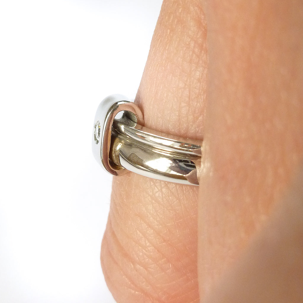 Platinum and diamond two band ring - modern, unique, contemporary by Sue Lane. Multi band ring or interlocking ring, sometimes called double band ring too.