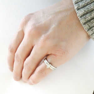 Contemporary unique and modern two band silver and gold marquise diamond stacking ring handmade Sue Lane jewellery. Perfect wedding and engagement ring.