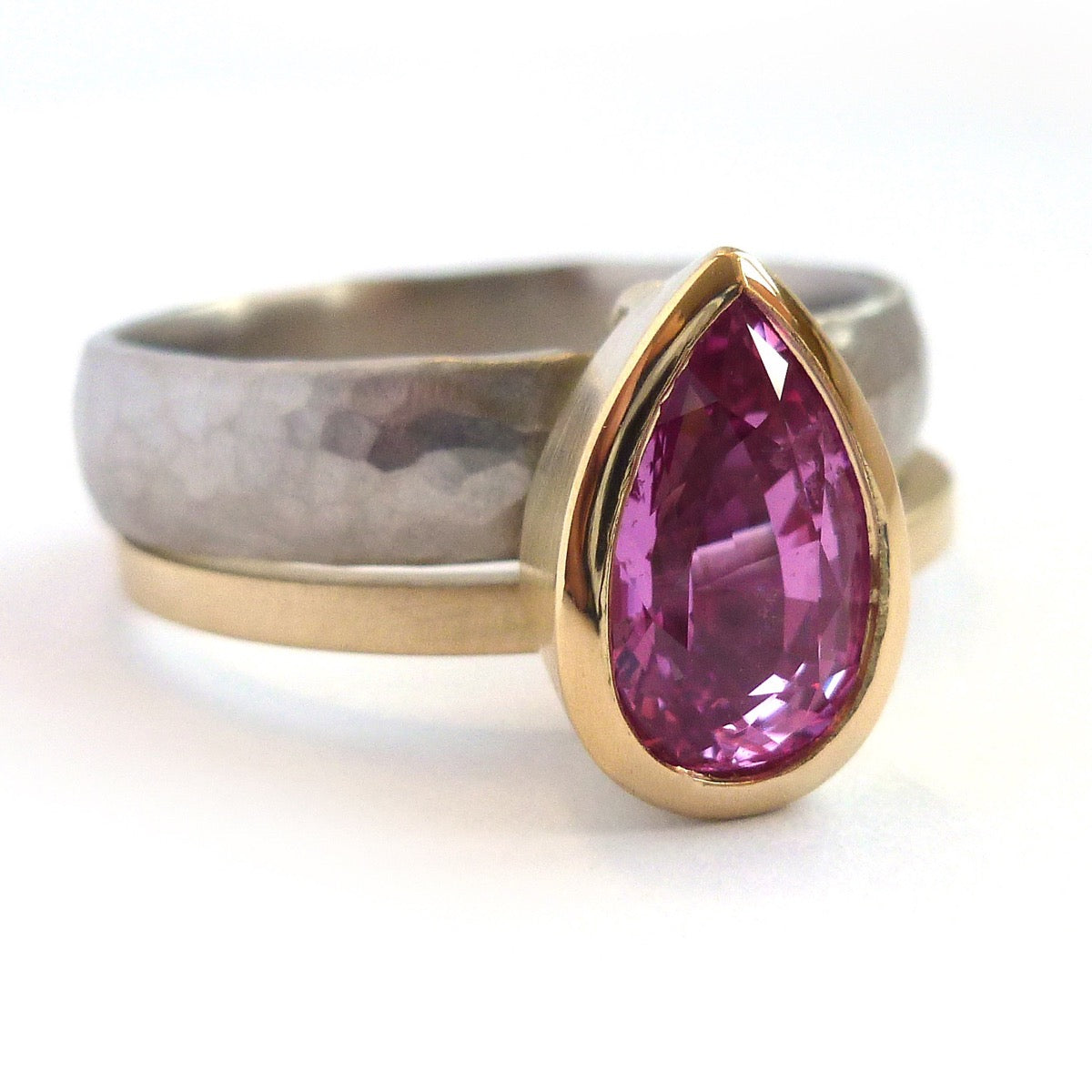 Handmade, unique, modern and contemporary pink sapphire 18ct 18k gold ring commission remodel remodelling