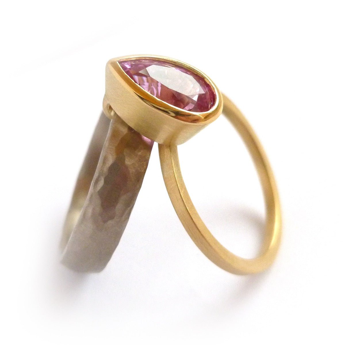 Handmade, unique, modern and contemporary pink sapphire 18ct 18k gold ring commission remodel remodelling