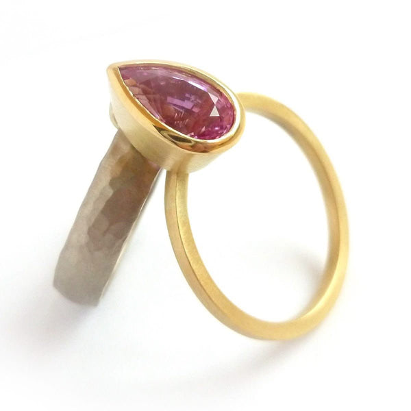Handmade, unique, modern and contemporary pink sapphire 18ct 18k gold ring commission remodel remodelling