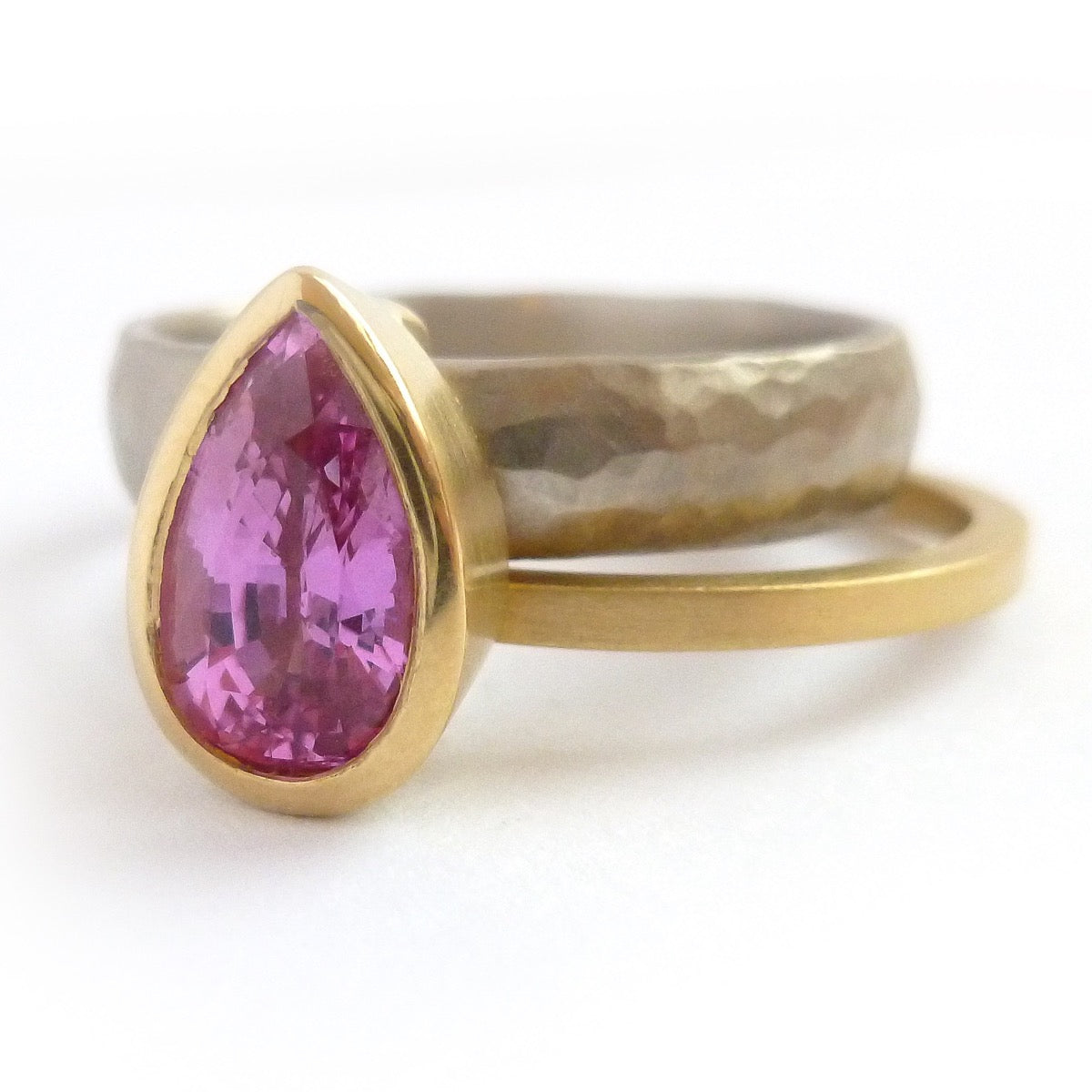Handmade, unique, modern and contemporary pink sapphire 18ct 18k gold ring commission remodel remodelling
