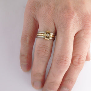 Contemporary jewellery, handmade, modern, bespoke ring by Sue Lane. Triple band ring, interlocking and linked.