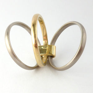 Contemporary jewellery, handmade, modern, bespoke ring by Sue Lane. Triple band ring, interlocking and linked.