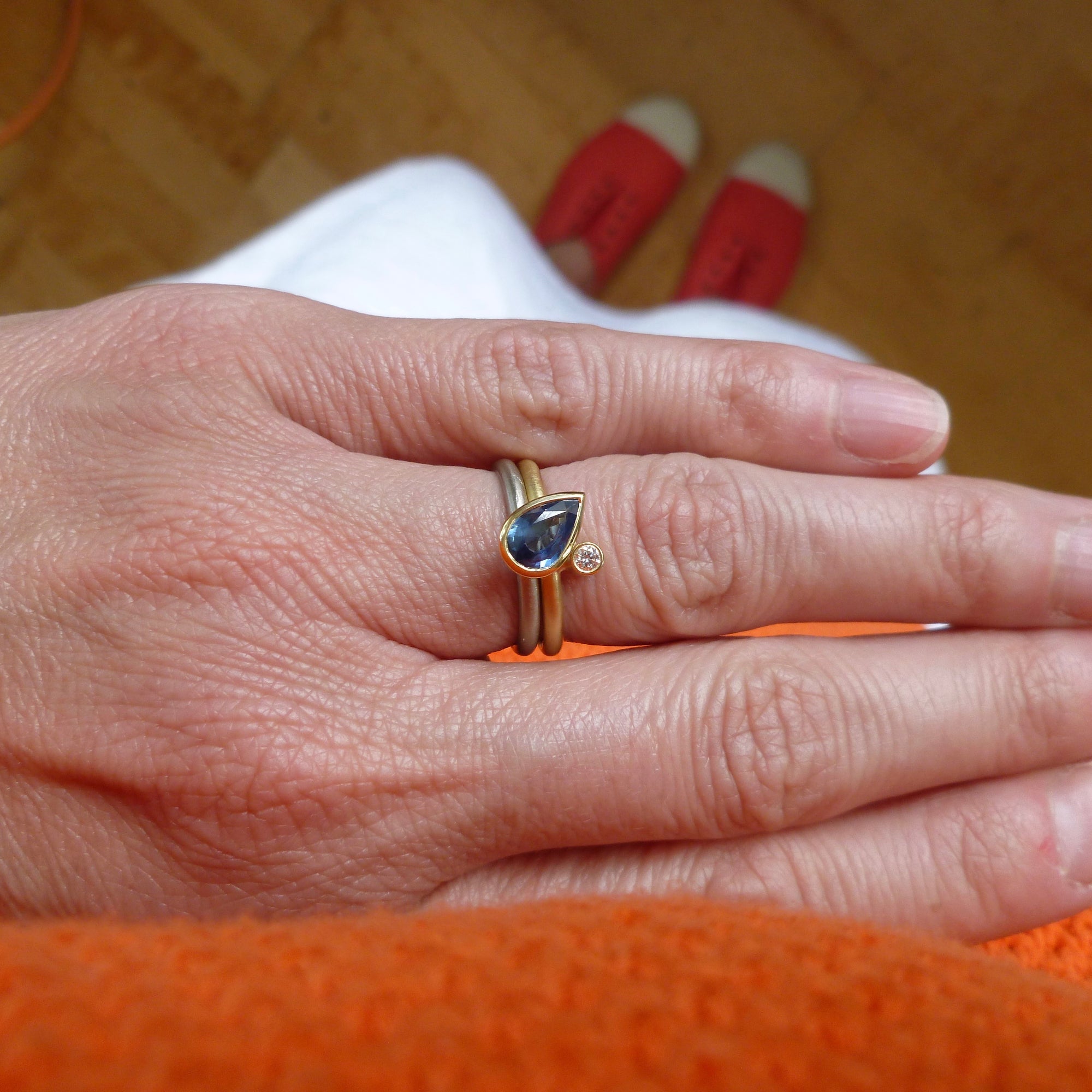 Modern cornflower blue ethically sourced sapphire and diamond stacking ring set by Sue Lane. Multi band ring or interlocking ring, sometimes called double band ring too.