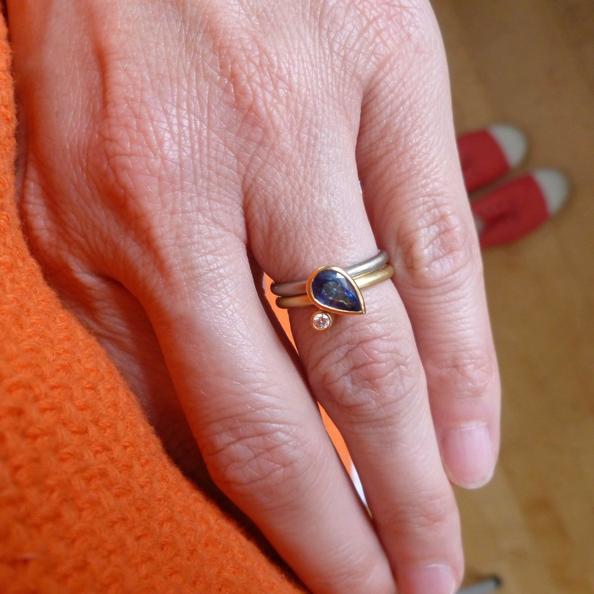Modern cornflower blue sapphrie and diamond stacking ring set by Sue Lane. Multi band ring or interlocking ring, sometimes called double band ring too.