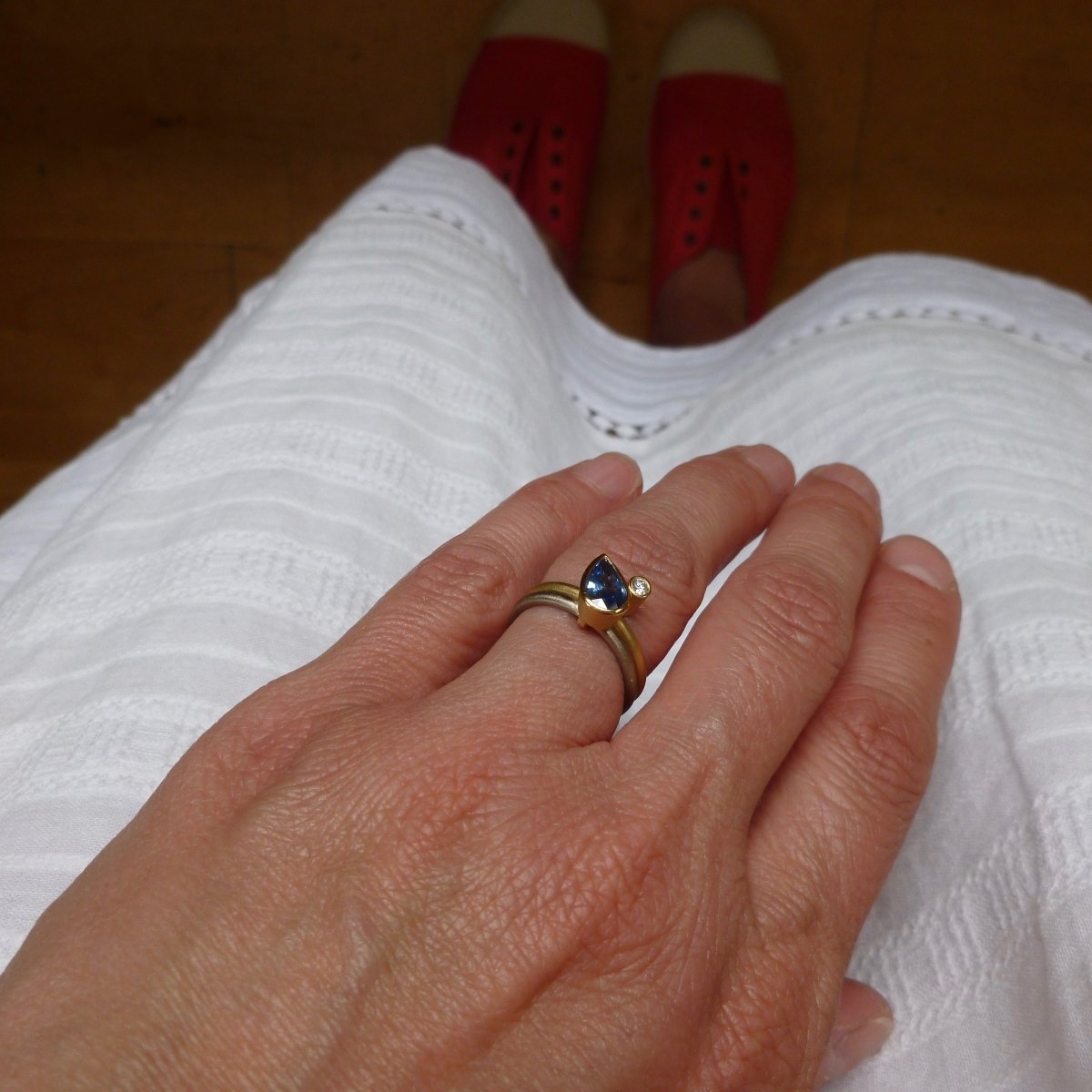 Modern cornflower blue ethically sourced sapphire and diamond stacking ring set by Sue Lane. Multi band ring or interlocking ring, sometimes called double band ring too.