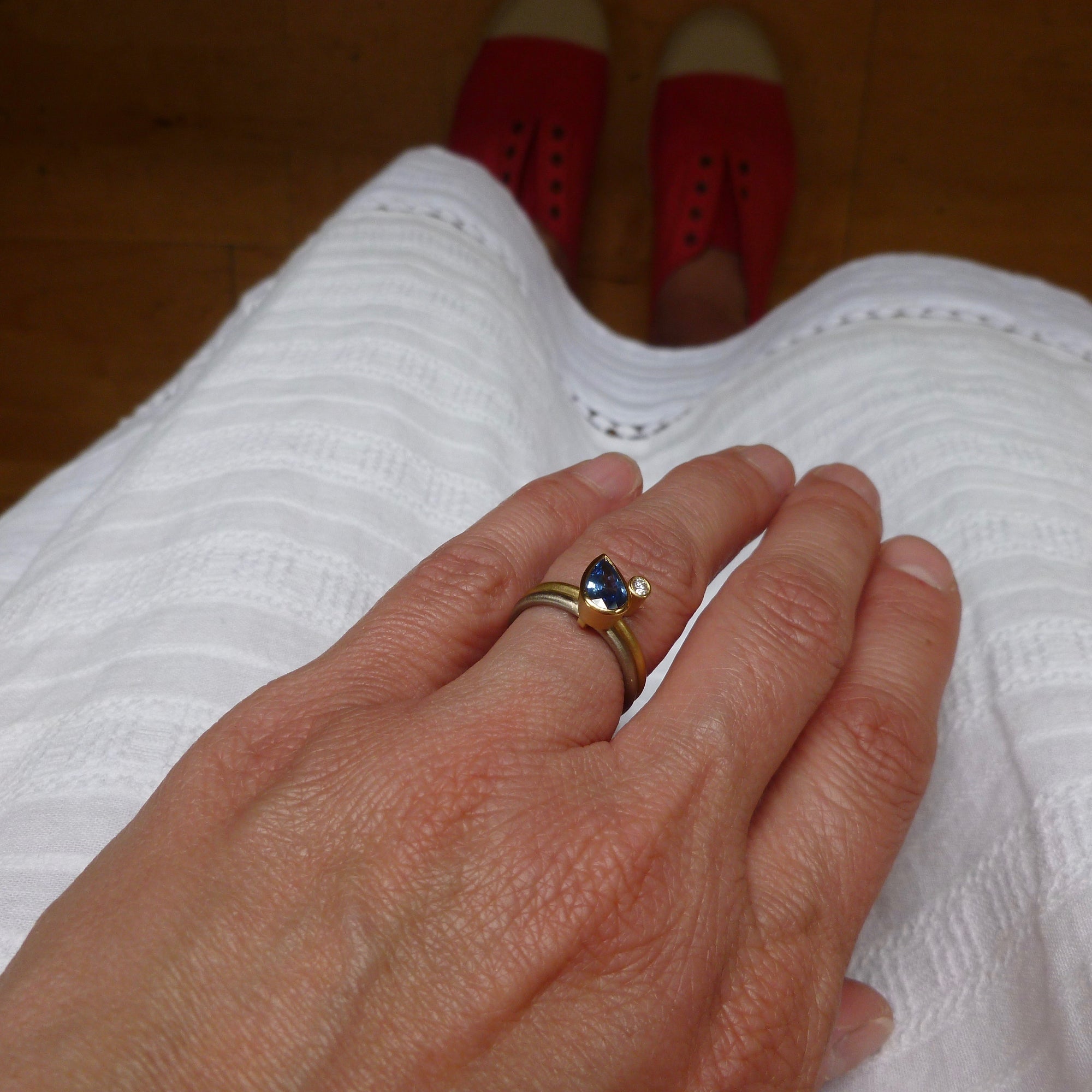 Modern cornflower blue ethically sourced sapphire and diamond stacking ring set by Sue Lane. Multi band ring or interlocking ring, sometimes called double band ring too.