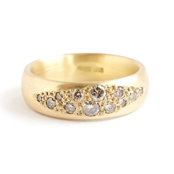 Eternity wedding everyday ring scattered champagne diamonds 18ct yellow gold contemporary and handmade