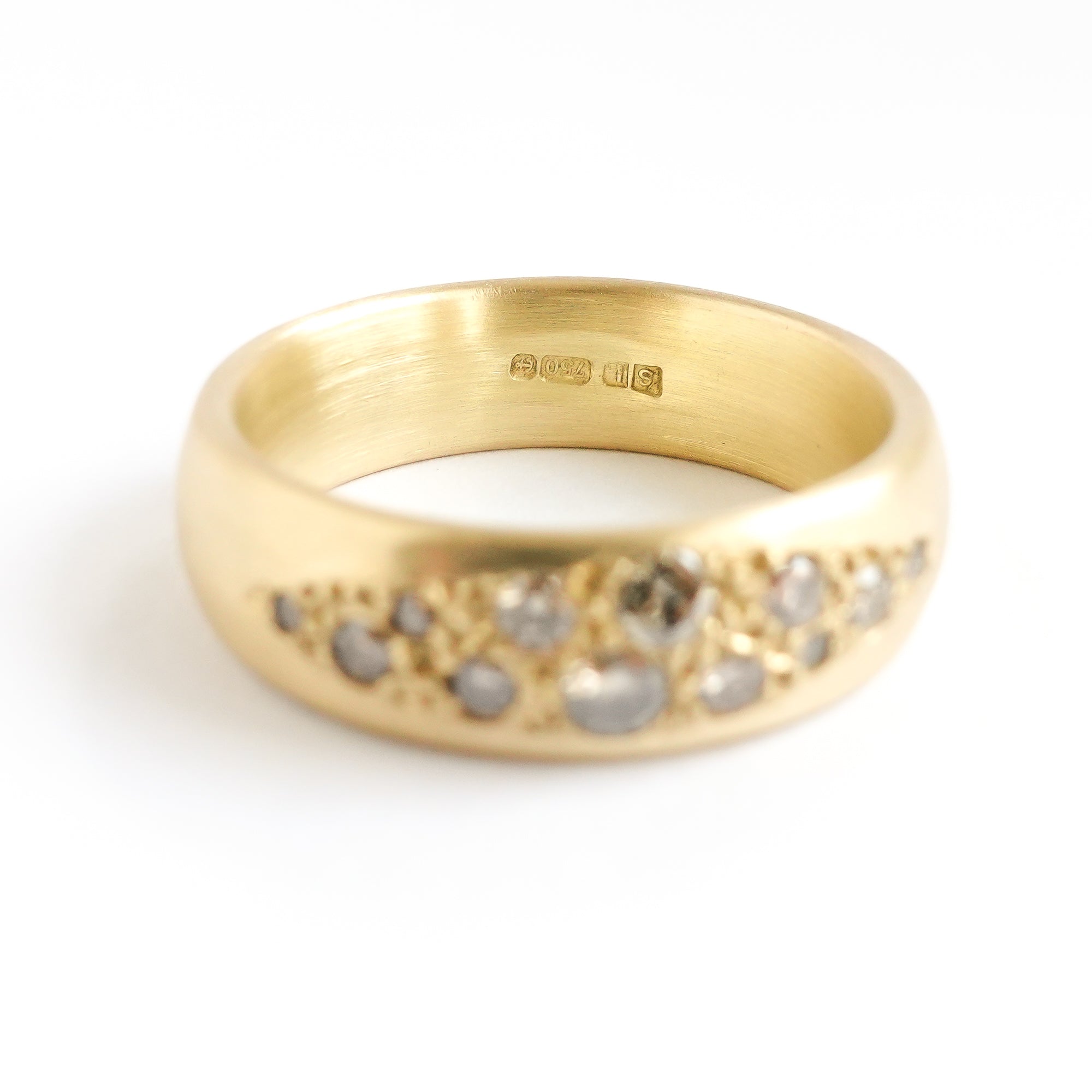 Eternity wedding everyday ring scattered champagne diamonds 18ct yellow gold contemporary and handmade
