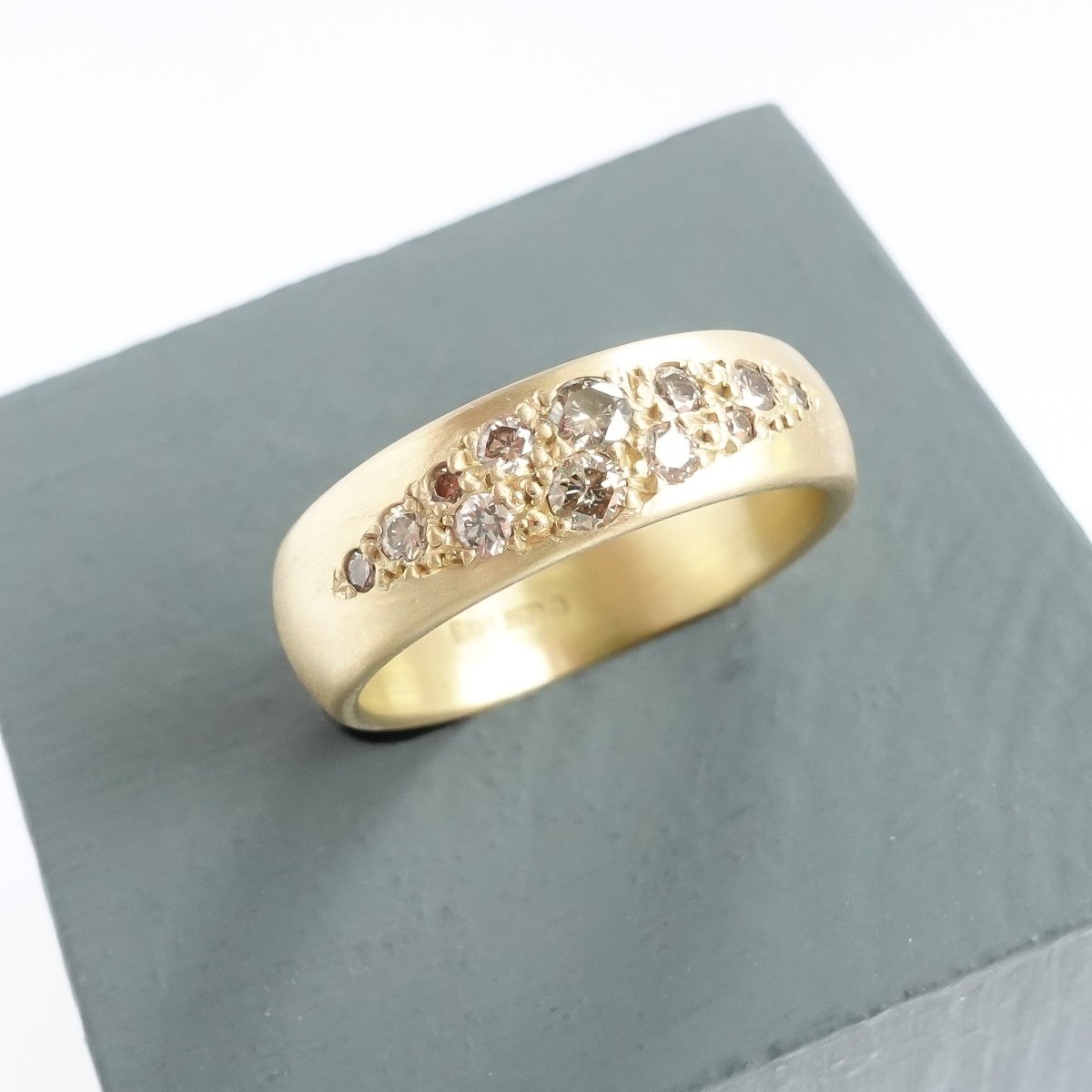 Eternity wedding everyday ring scattered champagne diamonds 18ct yellow gold contemporary and handmade
